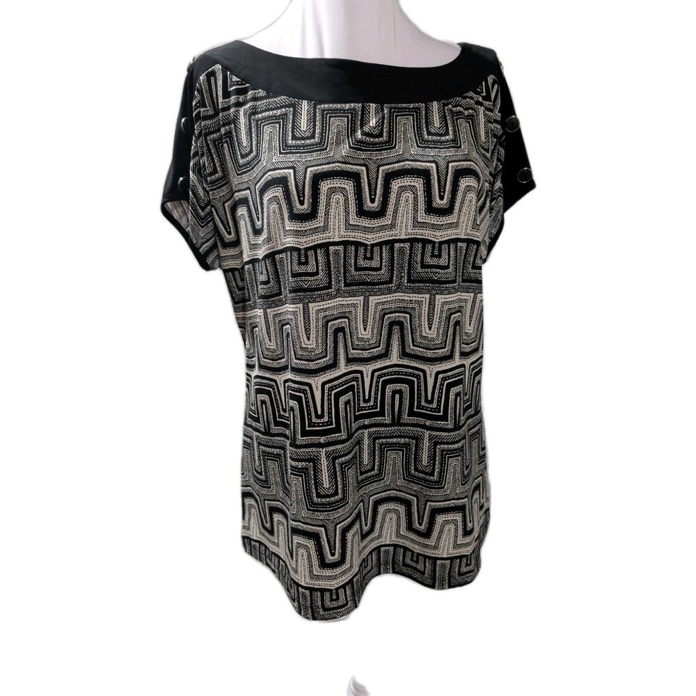 Susan Lawrence Women's Size Small Top Tunic Stretchy Shirt Blouse Geometric EUC